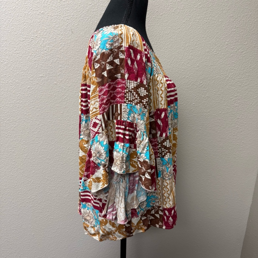 Cato Boho Patchwork Peasant Top Smocked Neck Bell Sleeve Floral Print L - Picture 6 of 10